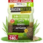 Terrauno - "Rasenretter" Vertikutiermix I 4 kg für 140 m² I Rasendünger, Rasensamen & Bodenaktivator I 3in1 Rasenreparaturmischung I Rasendünger Frühjahr mit Grassamen gegen kahle Stellen I Nachsaat