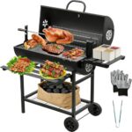 TEENO Grill Grillwagen BBQ Smoker Holzkohlegrill mit Deckel, Brathähnchen-Gestell,Rädern, Edelstahl-Griff, Grillrost und Thermometer, Lieferung von Clips und Handschuhen,Standgrill, Kohlegrillwagen