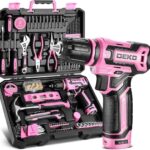 DEKO Werkzeugkoffer Gefüllt, 133-teilig Werkzeug Set für Reparaturen im Haushalt und Heimwerken, mit Bohrschrauber 12 V Akkuschrauber Bohren und Anziehen/Lösen von Schrauben, Rosa