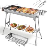 Holzkohlegrill XXL,118 * 33 * 72cm, Klappgrill, Campinggrill, Picknickgrill, aus Edelstahl, Grill mit Antihaft-Pfanne, Aufbewahrungskorb & Aufbewahrungsplatte, für 5-10 Personen, Komplettes Zubehör