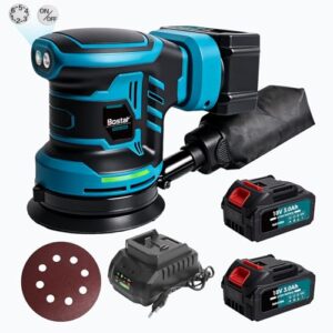 Bostar Akku Exzenterschleifer 18V Set, Ø 125mm Bürstenlos Schleifmaschine mit 2x 3.0Ah Akkus, Max. 21000 U/min (Leerlauf), Staubbeutel & Schleifpapier, Holz & Auto Polierer, Kompatibel mit Makita 18V