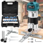 SINGTIP Oberfräse Kantenfräse Einhandfräse, 800W 30000 U/min Elektrischer Holzfräser Trimmer, Multifunktionsfräse mit 15 Stück 6,35mm Fräser Set für Holz, Transparente Basis| Aluminiumgehäuse