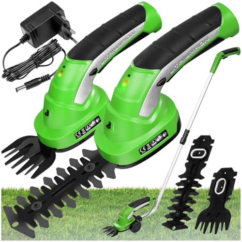 tectake® Akku Heckenschere elektrisch, Strauchschere 7.2V, Grasschere mit 2 Aufsätzen, Rasentrimmer mit Teleskop Stange, Rasenkantenschneider, elektrische Gartenschere mit Messer Aufsatz, Trimmer