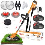 Akku Rasentrimmer, 21V Rasentrimmer mit Akku und Unkrautbürste, Bürstenloser Freischneider mit 2 Akku 4.0Ah, Elektro Motorsense 90°Schwenkbarem Kopf, für Garden Trimmen (orange)