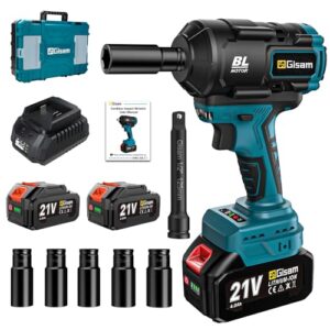 Gisam 1200Nm Akku Schlagschrauber mit 8000mAh Akkus und Schnellladegerät, 1/2 Bürstenloser Akku Schlagschrauber Reifenwechsel mit 5 Steckschlüsselsatz für Autos, Gerüst (000-Mit 2 Akku)