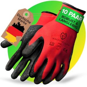 WOLFSFELLER 10 Paar robuste & komfortable Handschuhe Arbeitshandschuhe Herren Gr 10 - Arbeitshandschuhe Damen - Gartenhandschuhe Herren - Mechaniker Handschuhe mit Latex Beschichtung.