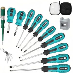 PhieeSeriy 11-teilig schraubendreher-Set, Schraubendreher Set Magnetisch mit magnetischer Spitze, 5 Schlitz und 5 Kreuzschlitz Schraubendreher Satz für Handbetätigung, Unabhängiger Spannungsprüfer
