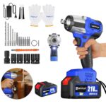 Yiyai Bürstenloser Akku Schlagschrauber 1/2 Zoll mit Akku 2 x 6.0Ah 21V und Schnellladegerät - 450 Nm Drehmoment, 4-26 mm Gewindedurchmesser, inkl.Bohrer-Bits/Steckschlüssel-Set/Schraubendreherbitsd