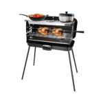 BERGER Camping Gasgrill Klappbar | Tragbarer Koffergrill mit 3 Brenner | 50 mbar für schnelles Kochen | 3 Kochstellen & ein Grillspieß inklusive | Windgeschützter Camping & Balkon Grill