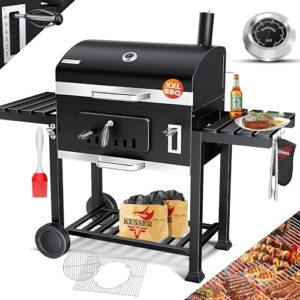 KESSER® Grill Grillwagen BBQ Smoker XXL Holzkohlegrill mit Deckel, Rädern, Edelstahl-Griff, Grillrost, Thermometer & Silikon-Pinsel, Standgrill, Kohlegrillwagen