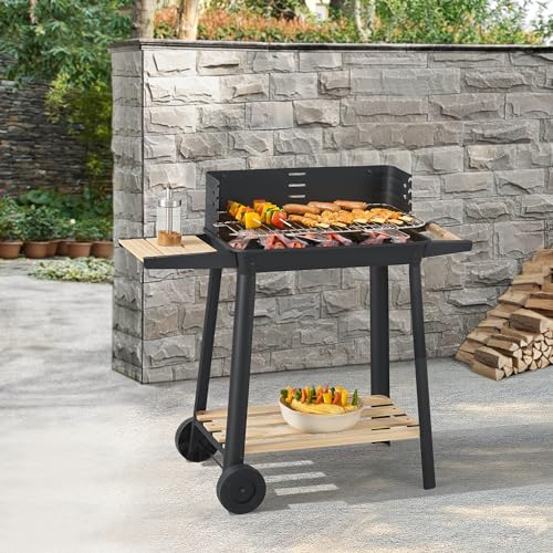 casa.pro Grillwagen Ari Holzkohlegrill Grill BBQ Grillrost aus Edelstahl Gartengrill mit Ablagen 2 Räder Windschutz mit Grillrosthöhenverstellung 78 x 86 x 30 cm Stahl Schwarz/Holzfarben