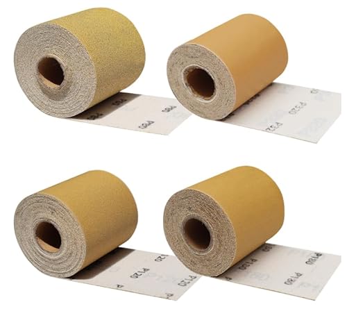 Schleifpapier Rolle Set 4 Rollen, 93mm x 5m, Körnung fein bis grob 80 120 180 320, Schleifpapier zum Holz, Schleifen, Polieren und Entrosten