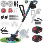 Rasentrimmer mit 21V,freischneider mit unkrautbürste,2-in-1 Freischneider akku,6 Klingentypen,inkl 2X4.0Ah Akku & Ladegerät,750W Bürstenloser Motor-Light Blue