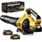 GEVEELIFE Akku-Laubbläser, 18V 257 km/h Elektrischer Laubbläser mit 3-Gang & 2x5,2Ah Akkus –Kabellos laubbläser für für Garten, Laub,Staub & Schnee (Inklusive Batterie), Gelb