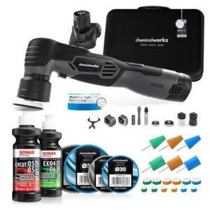 chemicalworkz EVO Mini Akku Poliermaschine 25-teiliges Set I Exzenter & Rotation I mit Akkus Adaptern Stütztellern Pads Sonax-Polituren und Zubehör