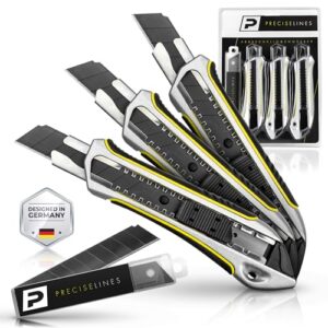 PRECISE LINES® Cuttermesser Profi [3er Set] | Heavy-Duty-Gehäuse mit versenktem Schieberegler | Teppichmesser Profi 18mm - 10 Ersatzklingen - Cutter Messer - Kartonmesser - Paketmesser - Tapetenmesser