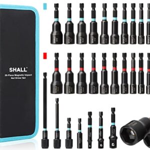 SHALL 29-teiliges magnetisches Steckschlüsselset, SAE- und metrische Cr-V-Stahl-Schraubendreher mit Schnellverschlussverlängerungen, Schlagschrauberadaptern, Bithalter und Aufbewahrungstasche
