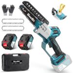 SEESII Bürstenlose Mini Kettensäge 6 Zoll, Handkettensäge mit 2 * 4000 mAh Akkus, Einhand Akkusäge mit Automatischem Öler, Kompatible mit Makita Akku 18V, Elektrische Säge für Holz, Ast