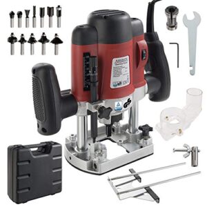 Arebos Oberfräse mit Koffer (1200 W, Ø 6 und 8 mm, Drehzahlregelung, Parallelanschlag, Reduzierstück, Kopierhülse, Absaugadapter, inkl. Zubehör) inkl. Fräser Set 12-teilig
