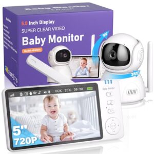 BURNNOVE Babyphone mit Kamera 5" IPS 720P Video Babyfon ohne WLAN 355°/90° Schwenkbar Nachtsich Temperaturüberwachung Zwei-Wege-Audio VOX 8 Schlaflieder 5 Wecker