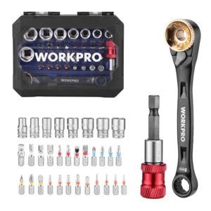 WORKPRO Steckschlüsselsatz 1/4" Antrieb, 34-teiliges Steckschlüssel- und Bit-Set, Mini-Ratschenschlüssel, 3-in-1-Doppelkopf, S2-Stahl-Schraubendreher-Bits, Magnetischer Bithalter und Adapter