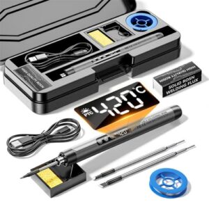 Akku Lötkolben Set, USB Wiederaufladbar Lötkolben mit LCD, Keramischem Heizkern, Einstellbare Temperatur 200-450℃, 3 Lötspitzen, Mini Lötstation für Kleiner Reparatur wie Leiterplatten & Schmuck