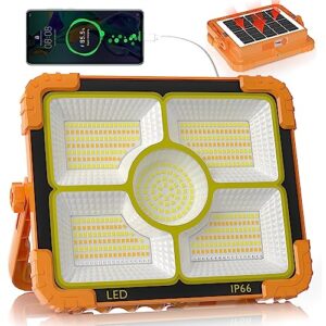 100W Baustrahler Akku Solar Arbeitsleuchte, 466 LED 5 Modi, 10000LM 12000mAh USB-wiederaufladbar, IP66 wasserdicht Akku Arbeitsleuchte Tragbar im Freien für Baustelle, Camping, Garage, Notfälle