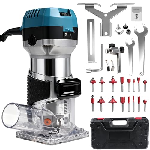 TICFOX 800W Holzfräse Oberfräse, Einhandfräse Oberfräsen Trimmer, 6 Geschwindigkeit 5000-30000RPM Kantenfräser mit Staubschutz, 6,35mm und 8mm Bohrfutter Zum Schneiden, Fräsen und Schnitzen