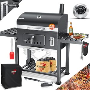 KESSER® Grillwagen BBQ Smoker XXL Holzkohlegrill mit Deckel, Rädern, Edelstahl-Griff, Thermometer, Grillrost, Bürste, Abdeckhaube & Silikon-Pinsel, Standgrill, Kohlegrillwagen