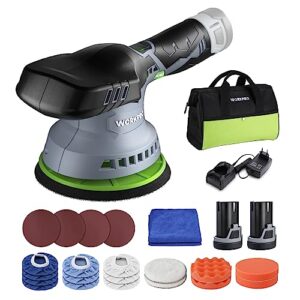 WORKPRO Exzenter Poliermaschine 12V, Akku Poliermaschine 2800-5500RPM, Exzenter Polier Polierer Kabellos 150mm, Mit 2 x 2,0Ah Akku & 1 Tasche & 23 Zubehör, Auto Polierer Set