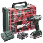 metabo Akku-Bohrschrauber BS 18 Set - 18 V, 74-tlg. Mobile Werkstatt - Schnellspannbohrfutter, Gürtelhaken, LED-Arbeitslicht - Inkl. 2 x Akku LiPOWER (2.0 Ah), Ladegerät und Kunststoffkoffer