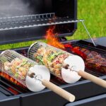 ivtivfu Nestbar Rollender Grillkorb, Abnehmbarer Holzgriff, Edelstahl 304, Outdoor Küche Grill Zubehör für Gemüse, Garten Camping Gadgets für Gasgrill, Geschenke Geburtstagsgeschenk für Männer Papa