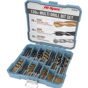 Hi-Spec 130-tlg. HSS-Titan Bohrer-Bit-Set in 8 Größen von 1 mm bis 10 mm. Mit Mauerwerks- und Brad-Point-Bits für Metall, Holz, Kunststoff, Ziegel und Beton