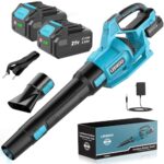 LEEIKOO Laubbläser Akku, 21V Laubbläser mit 2 Akkus 4,0Ah mit 3 Geschwindigkeitsstufen, 2 Abnehmbare Blasrohre, Schultergurt Kabellos Laubbläser für Garten und Außenreinigung