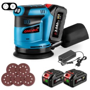 ONEVAN Akku Schleifer 125mm Schleifmaschine Akku Exzenterschleifer 12000U/min, mit Staubbeutel und 5 Schleifpapier, Elektrisch Schleifgerät Holz Metall Schleifen (2 x 3.0Ah Akkus)