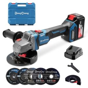 DongCheng Akku-Winkelschleifer 18V, Ø 125mm, 1000W, bürstenloser Motor, 3 Drehzahlstufen, Schnellspannschutz, Anti-Vibrationsgriff, inkl. 2 Schleif-, 2 Fächer-, 2 Trennscheiben, 4.0Ah Akku & Ladegerät