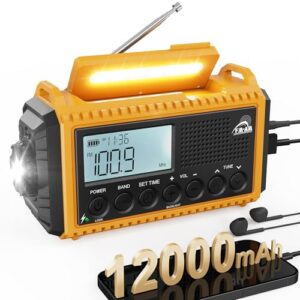 Notfallradio | 12000mAh Powerbank | Kurbelradio |Solar Radio mit Weltempfänger | AM/FM/SW, SOS, USB-C/Kopfhörer | IPX4 Regensicher, Taschenlampe & Leselampe | für Camping, Outdoor | Gelb