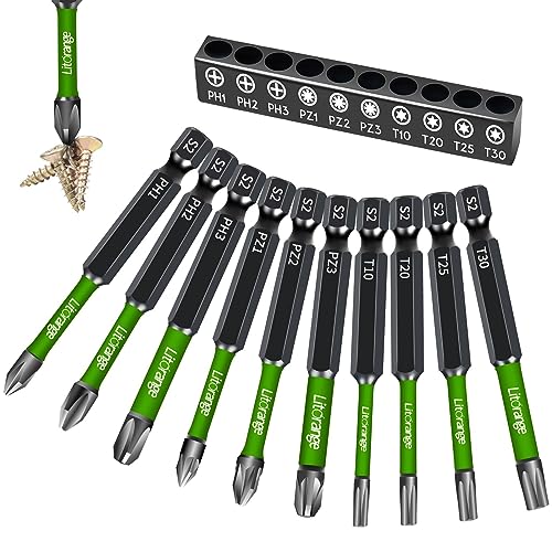 Litorange 70mm langer Schraubendreher Bit Set,10 Stück Bitsatz mit starkem Magnetkopf,1/4" Sechskantschaft,Phosphid Schwarz Schlagschrauber Bits