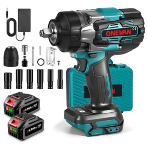 ONEVAN Akku Schlagschrauber 1700N.m, 1/2" Bürstenloser Akkuschlagschrauber Elektrisch mit 2 4.0Ah Akkus und Schnellladegerät, Hohem Drehmoment Impact Wrench mit 6 Steckschlüssel für Schwere Projekte