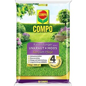 COMPO Rasendünger gegen Unkraut + Moos Komplett-Pflege Rasendünger mit Unkrautvernichter, Moosvernichter, 3 Monate Langzeitwirkung 9 kg, für 300m²