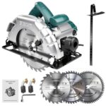 VOBOR 1200W Handkreissäge mit Führung, 5200RPM, Einstellbare Schnitttiefe und Winkel, 60 mm (90°) - 45 mm (45°), Sägeblatt Ø: 185mm, inkl 3x Kreissägeblatt, Absaugadapter, Parallelanschlag, Schlüssel