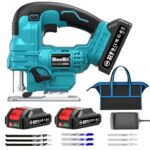 Seesii Akku Stichsäge 21V, Eektrische Stichsäge mit 2x 2,0-Ah-Akkus, 2800 U/min Variable Geschwindigkeit zum Holzschneiden, LED-Beleuchtung, 0°-45° Gehrungsschnitte, 4 Pendelhub-Einstellungen