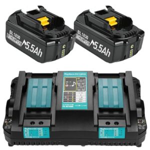 2 Stück 18V 5.5Ah Ersatzakku + 6A DC18RD Dual Port Ladegerät für Makita 14.4V-18V BL1830 BL1850 BL1860 BL1840 BL1830B etc Werkzeugakku und DC18RC DC18RD DC18SF DC18RA DC18RF Ladegerät
