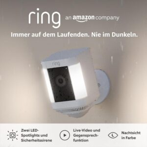 Ring Spotlight Kamera Plus Akku (Spotlight Cam Plus) | Überwachungskamera aussen mit WLAN, HD-Video, LED-Strahler, Nachtsicht, Bewegungserfassung & Sirene | Alexa-kompatible Sicherheitskamera