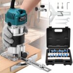 Yofuly 800W Oberfräse Holzfräse, 220V Einhandfräse Oberfräsen Trimmer 30000r/min 6.35mm Spannzangen mit 15 Pcs 1/4" Fräser Set, kantenfräse mit Tragetasche