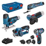 Bosch Professional 12V System Combo Kit: GSR 12V-15 FC (+4x Aufsätze) + GHO 12V-20 + GWS 12V-76 + GST 12V-70 + GOP 12V-28 (inkl. 2x 2.0Ah, 3.0Ah Akku, Ladegerät GAL 12V-40, XL-BOXX)
