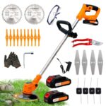 OUTIGO Akku-Rasentrimmer mit 2 * 21V Akku, 4 Messer, dreifach klappbarer Mäher, Rasenmäher, Akku-Gartenmäher für Rasen, Sträucher und Büsche.