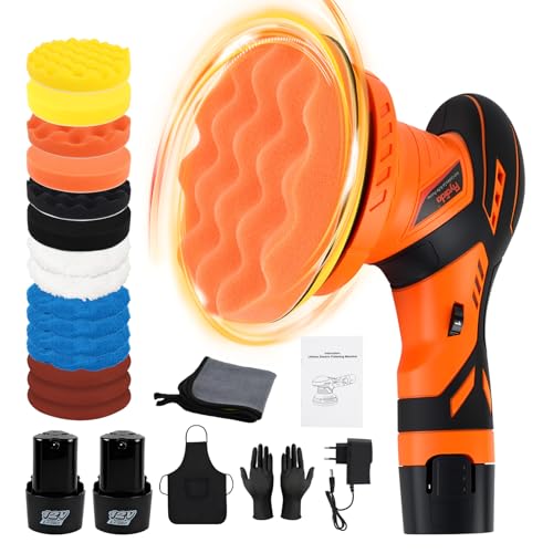 Flydida Poliermaschine Auto Akku, 6 Zoll Exzenter-Poliermaschine mit 2 Stück 12V 2000mAh Lithium, Autopoliermaschinen Set 17pcs 5500RPM für Auto Autopflege Polieren Wachsen Kratzerentfernung