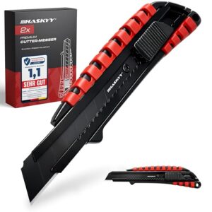 HASKYY Cuttermesser Teppichmesser Universal Professional Set 2x Cutter Messer 18mm mit Extra scharfer SK5 Klinge, Ergonomisch geformter Körper mit Gummirillen & Sicherer Klingenwechsel