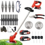 OUTIGO Akku Rasentrimmer mit Akku, Rasenkantenschneider mit 2 Akkus 21V und 4 Messertypen+1 Gartenschere, Verstellbarer Teleskop-Führungsholm Desbrozadoraeléctrico inalámbrico (Rot-FBA)